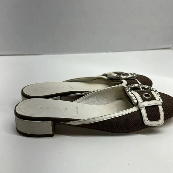 Prada Mules Slip On Low Heel Shoes Round Toe Buckle Brown White Y2K Size 37 7 - Picture 3 of 10